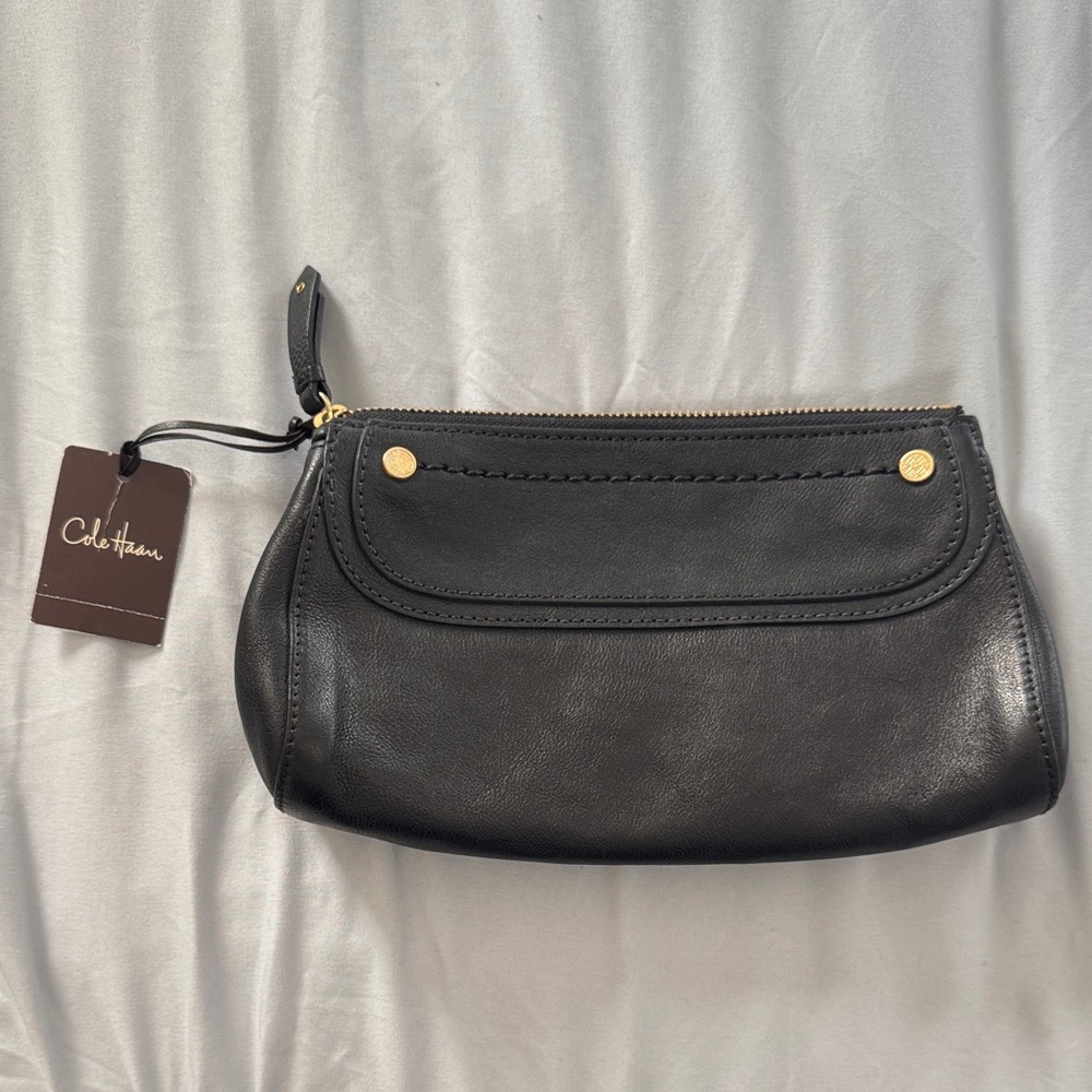 Cole Haan Black Leather Wristlet with Gold Accents